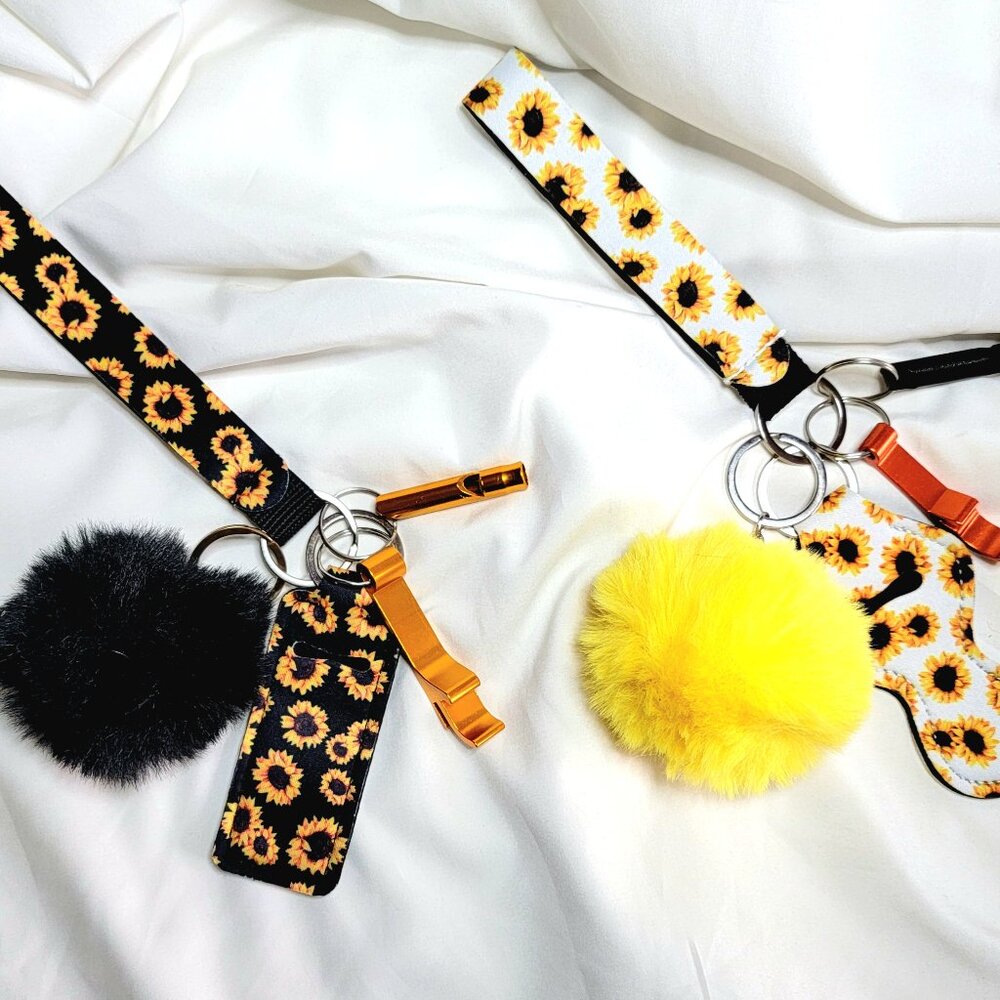 2 Sets of Sunflower Safety Keychain Sets, Whistle, Can Opener, Chapstick Holder